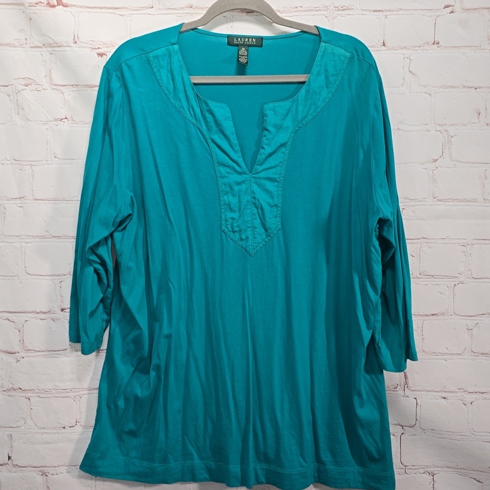 Lauren Ralph Lauren Teal 3/4 Sleeve V Neck Cotton Shirt Womens Size‎ 3x